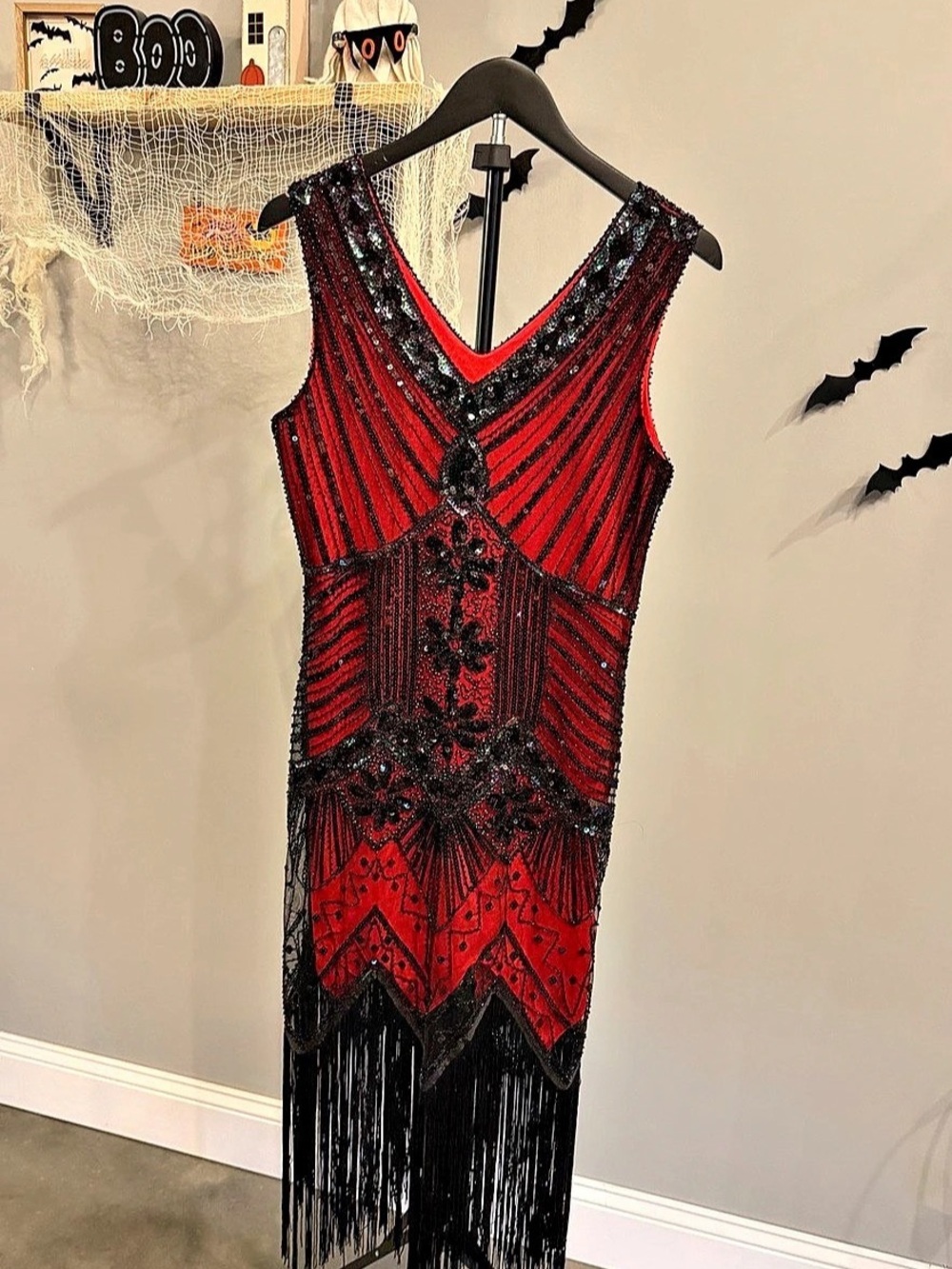 Costume Gatspy/ prom Red & Black Sequin Fringe Mini Dress Size Small